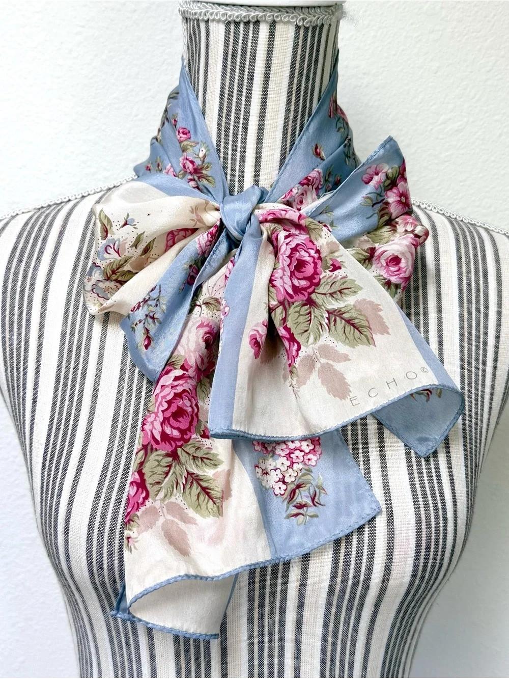 Y2K Echo Silk Floral Scarf Blue Cream Rose Print Oblong Coquette Cottagecore